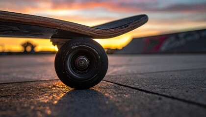 Skateboard Wheel Close-up at Sunset in Skatepark.