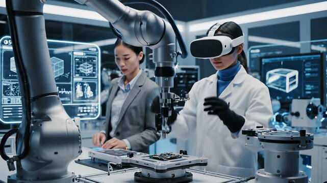 Researchers utilizing cutting edge virtual reality headsets and advanced technologies in a futuristic laboratory setting, surrounded by innovative robots and computers, perfectly embody the.