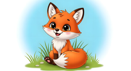 Fototapeta premium Cute Cartoon Fox Sitting on Grass | Adorable Animal Illustration for Kids