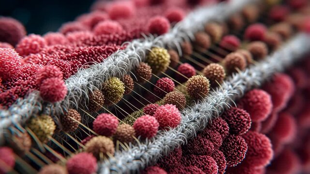 A fuzzy, red and white blob with numerous small red dots. Close-up gene rewrite concept shown as precise micro cut and micro stitch visual metaphor, ultra premium editorial science, gene-based therapy