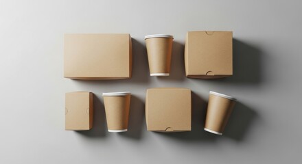 Blank kraft paper packaging boxes and disposable coffee cups top view mockup for branding