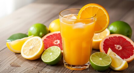 Refreshing Citrus Juice with Fresh Fruits on Wooden Table.