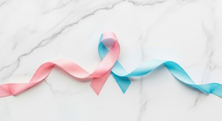 Pink and blue satin ribbons intertwined on white marble symbolizing gender identity