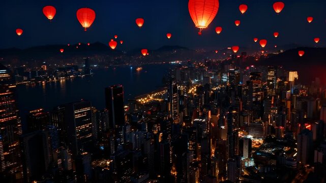 Ultra hight quality video. Aerial drone shot video of Hong Kong city skyscrapers at Chinese red lanterns festival and new year. 