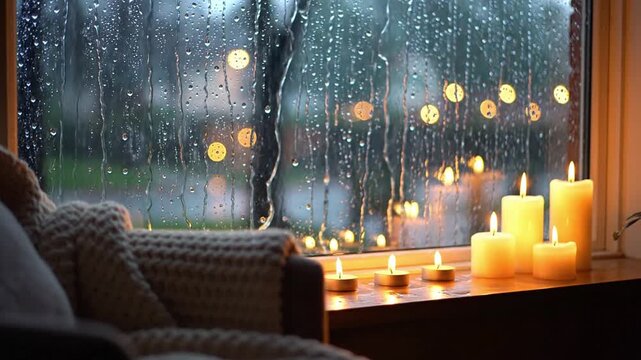 Cozy Rainy Evening Ambiance with Flickering Candles Creating a Warm, Tranquil Glow on a Window.