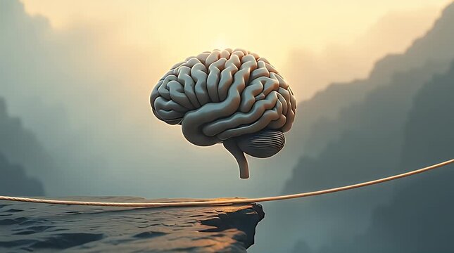 A brain balanced perfectly on a tightrope between dark and light sides, symbolizing emotional stability and resilience.
