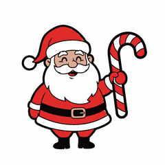happy santa claus holding candy cane, red and white color theme, thick black outline, no shading, white background