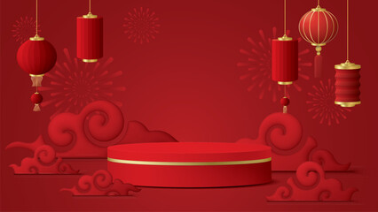 Blank 3D rounded podium for placed product presentation with clouds, paper lanterns and fireworks Chinese style on red background.