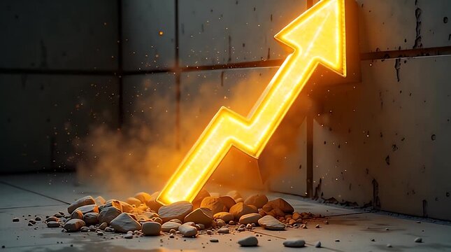 A glowing golden arrow shattering a concrete wall, symbolizing breakthrough in business growth and financial achievement.
