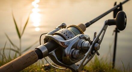 Fishing Rod and Reel Close-Up at Sunset by the Water.