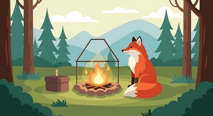 Red Fox Sits by Campfire in Forest Clearing with Mountains in Background.