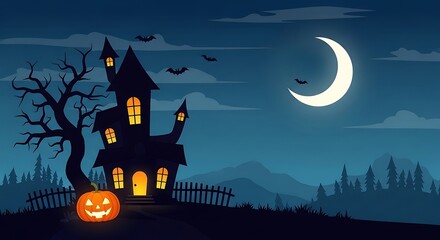 Spooky Haunted House with a Glowing Pumpkin at Night.