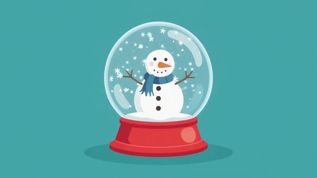 Snowman in a snow globe with a red base on a blue background.
