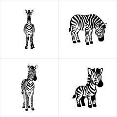 Four cartoon black and white zebras in different poses