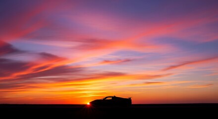 Silhouette of a sports car against a vibrant sunset sky, showcasing the beauty of dusk and automotive design.