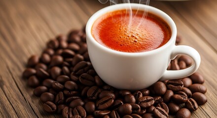 Steaming hot coffee in a white cup surrounded by roasted coffee beans on a rustic wooden table.