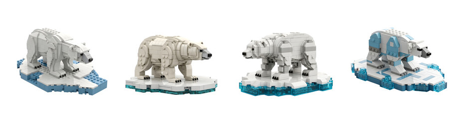 Naklejka premium Four stylized polar bear models constructed from building blocks standing on ice floes isolate