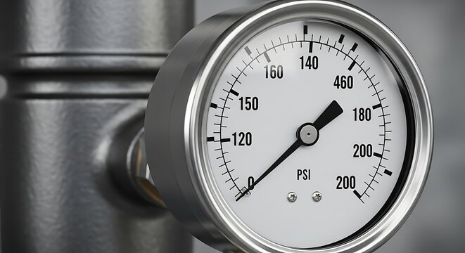 Close-up of a pressure gauge with a needle pointing to approximately 170 PSI, attached to a metal pipe.