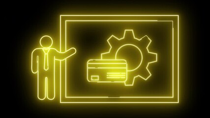 Neon illustration businessman presenting a credit card with a gear on a screen glowing yellow lines on a black background
