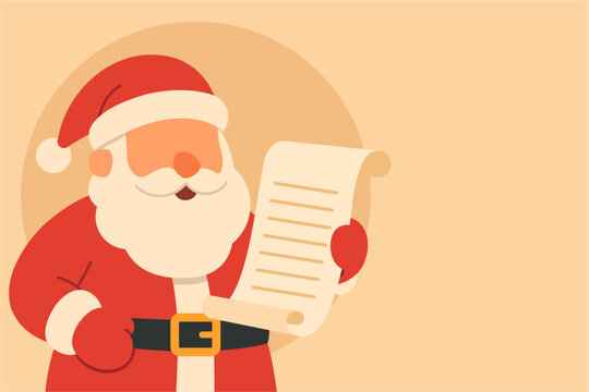 Santa Claus Smiling While Reading a List of Children Who Will Get Gifts in a Flat Design Illustration