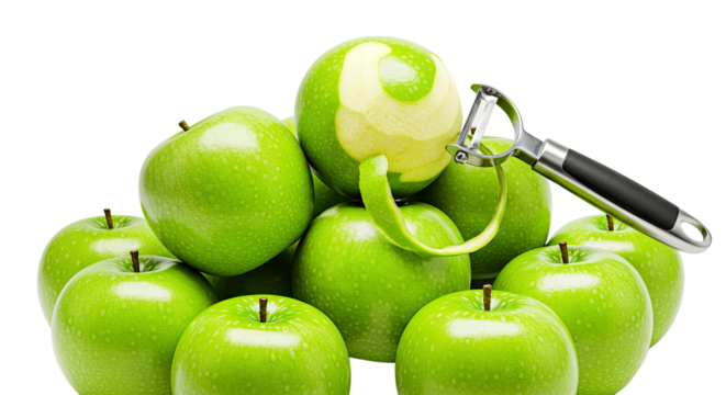 Fresh green granny smith apples with one being peeled by a metallic peeler isolated on transparent background, isolated on white background, Vector, illustration