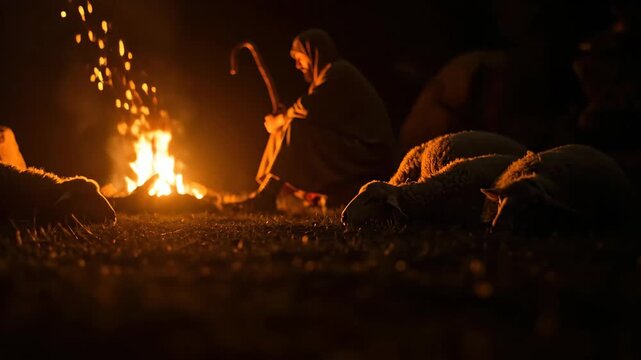 Shepherd man sitting by a crackling campfire at night watching over sheep for a christmas nativity scene concept
