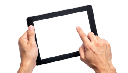 Hands holding a black tablet with a blank white screen, one finger touching the screen, png cutout