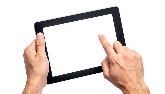 Hands holding a black tablet with a blank white screen, one finger touching the screen, png cutout