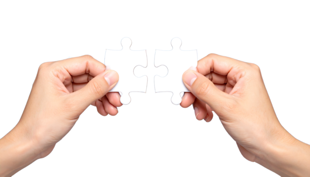 Hands holding two white jigsaw puzzle pieces, almost connected, against a bright background, isolated on white