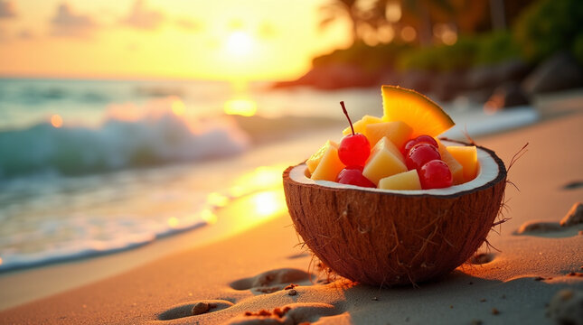 A coconut shell filled with a tropical fruit punch on a tropical beach.