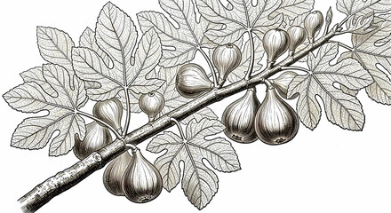 Fig tree branch with ripe figs and leaves, botanical illustration isolated on white background