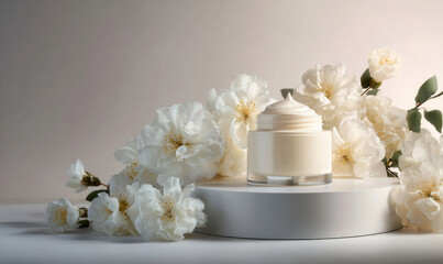 Obraz premium Luxurious cream jar on white podium surrounded by white gardenia flowers evoking soft elegance and calming skincare routine