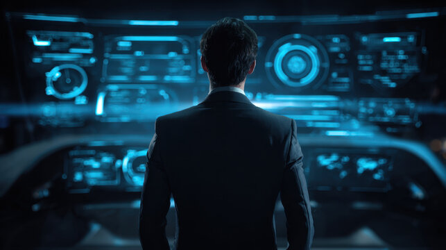 Man suit back view futuristic control room with blue holographic interface and digital displays conveying focus and determination