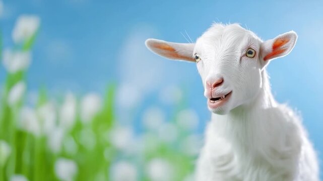 Whimsical Goat in Nature's Embrace: A charming goat gazes with curiosity, its soft fur contrasting against the vibrant green and blue hues of the natural surroundings.