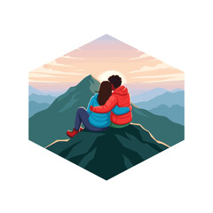 Vector illustration of a young couple in hiking clothes sitting hugging on a mountain top at sunrise 