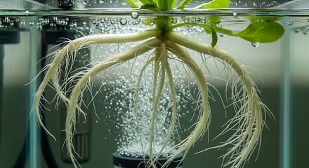 Hydroponic Plant Roots Submerged in Water with Air Bubbles.