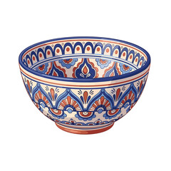 An isolated vector illustration of a beautiful painted ceramic bowl in folk art style with intricate patterns in blue and terracotta on a light cream base.