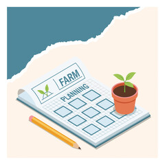 Isometric illustration of a farmer's notebook with plans, pencil and small pot for seedlings.