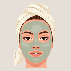 A close-up of a woman's face with a greenish-gray clay mask evenly applied, her hair pulled back with a silk scarf.