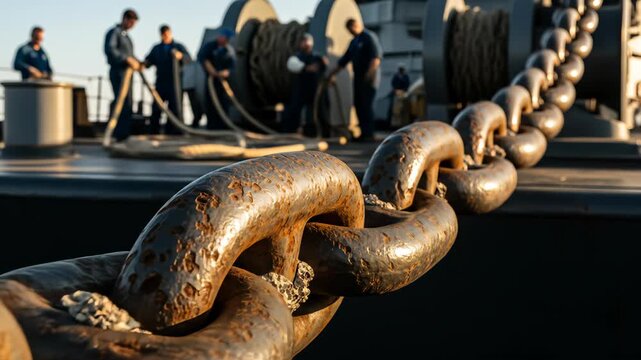 Close-Up of Massive Anchor Chain on Naval Ship Deck with Crew in the Background Preparing for Indian Navy Day