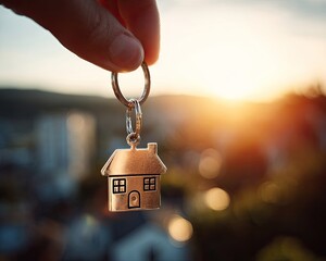 Hand Holding House Shaped Keychain at Sunset