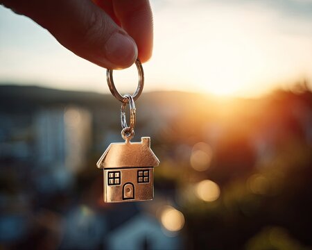 Hand Holding House Shaped Keychain at Sunset