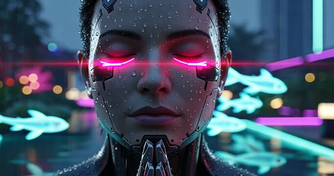 Futuristic humanoid robot meditating by a neon-lit pool, surrounded by holographic fish and palm trees