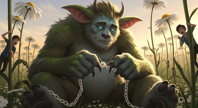 Gentle Giant Troll Sitting in a Field of Daisies with Children Watching.