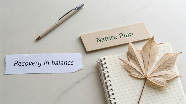 Nature plan concept with recovery in balance words on notepad and leaf on marble background for lifestyle and wellness themes