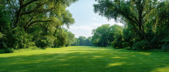 Lush green meadow open grass field framed by towering trees under blue sky with soft sunlight and peaceful atmosphere