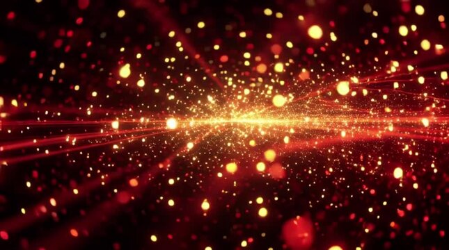 Red and gold particle wave bursting into a glowing sale banner. Energetic and festive digital animation with zoom and rotation, perfect for promo ads.