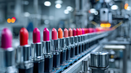 Row of colorful lipstick tubes on production line in cosmetic factory conveying precision and vibrant beauty