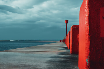 Red breakwater markers along a concrete pier