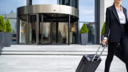 Businesswoman Arriving at Hotel with Luggage for Corporate Travel.
